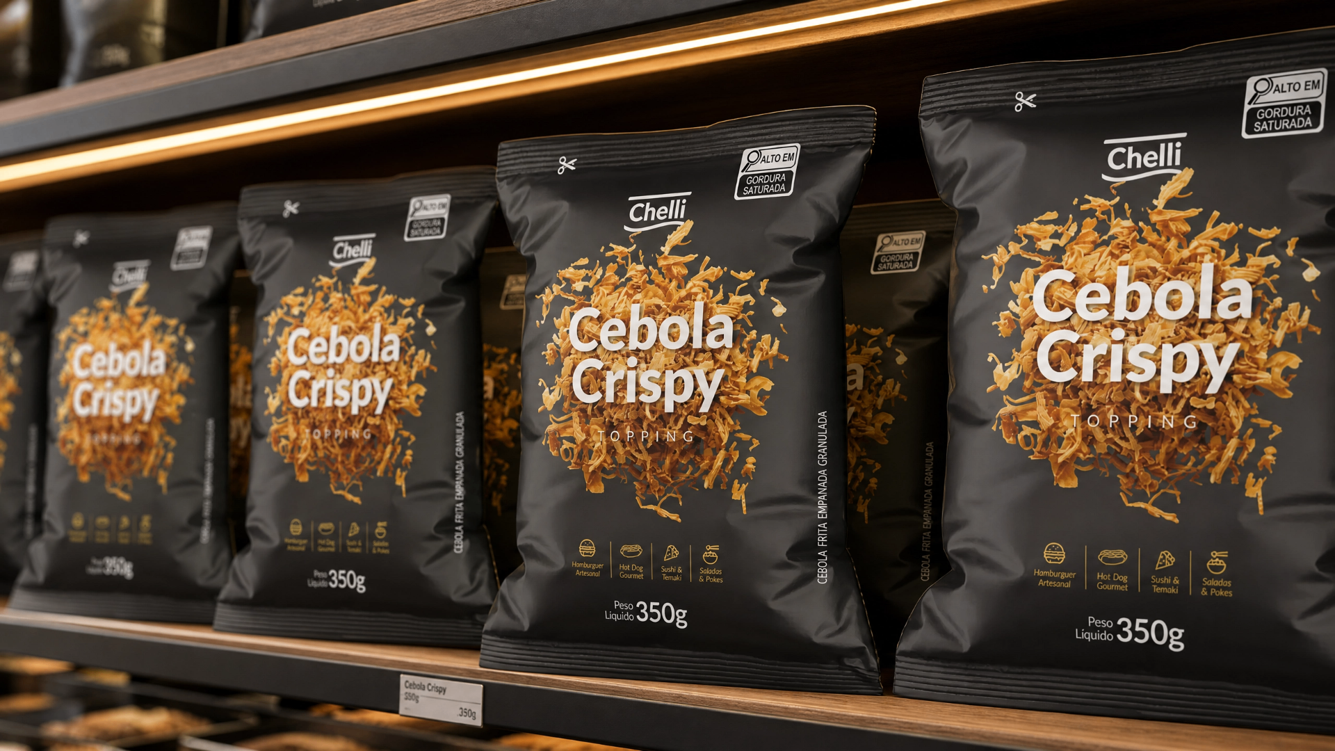 Chelli Cebola Crispy Topping exposta em gôndola premium de supermercado